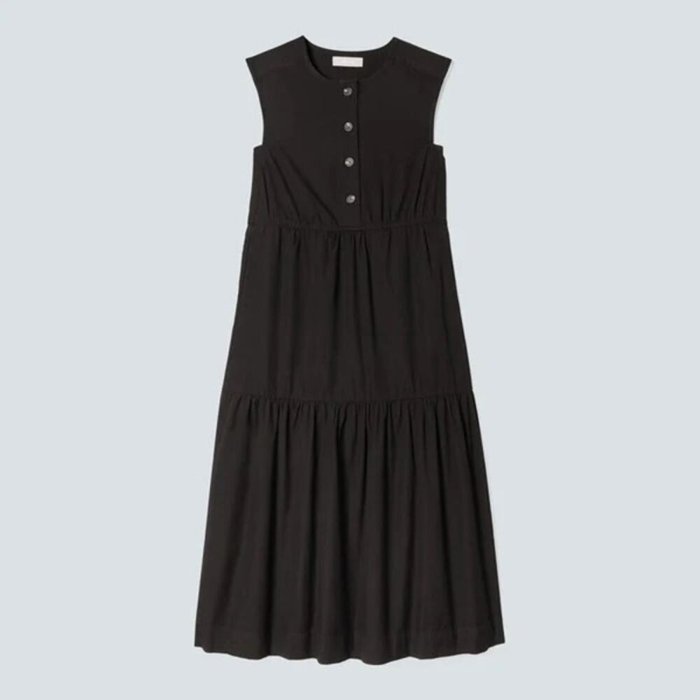 Everlane S Tiered Midi Dress Black Sleeveless Button Front Minimalist Cottage